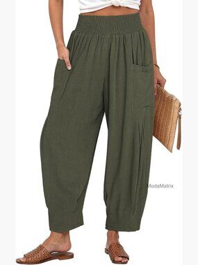 Linen Boho Cargo Harem Pants High Waist Wide Leg Lounge Travel Beach Pants